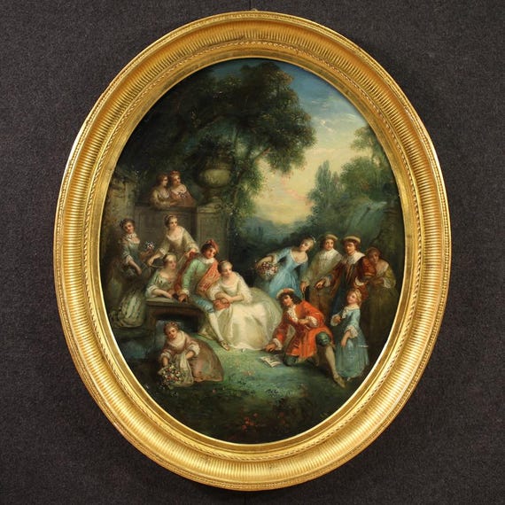 Painting rococo genre scene gallant party oval artwork oil antique 18th century