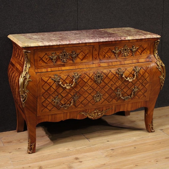 French inlaid commode furniture dresser marble top Louis XV style 20th century