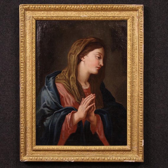 Antique Virgin in prayer religious painting oil on canvas artwork 17th century