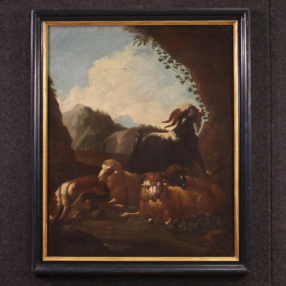 Antique painting oil artwork bucolic landscape animals sheep goats 17th century