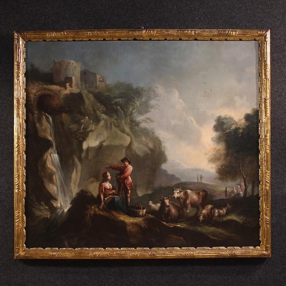 Antique painting oil canvas Italian artwork pastoral scene landscape 18th cent
