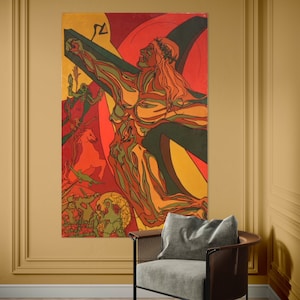 Geweldig surrealistisch schilderij gesigneerd door Gino Ghioni, kruisiging surrealisme