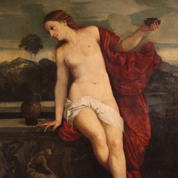 Antique Italian oil on canvas painting Sacred Love artwork 19th century