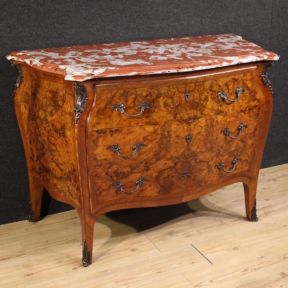 Lombard commode dresser 3 drawers inlaid Louis XV style marble 20th century