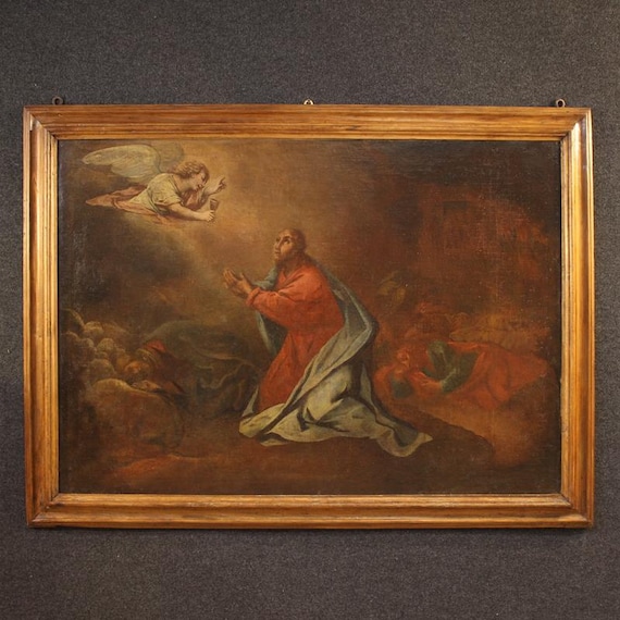 Antique oil painting on canvas religious Christ olive garden 17th century