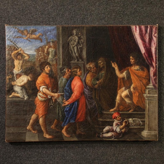 Antique religious painting martyrdom four crowned Saints oil canvas 17th cent