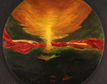 Peinture italienne ronde huile sur toile signée datée 1988 expressionniste