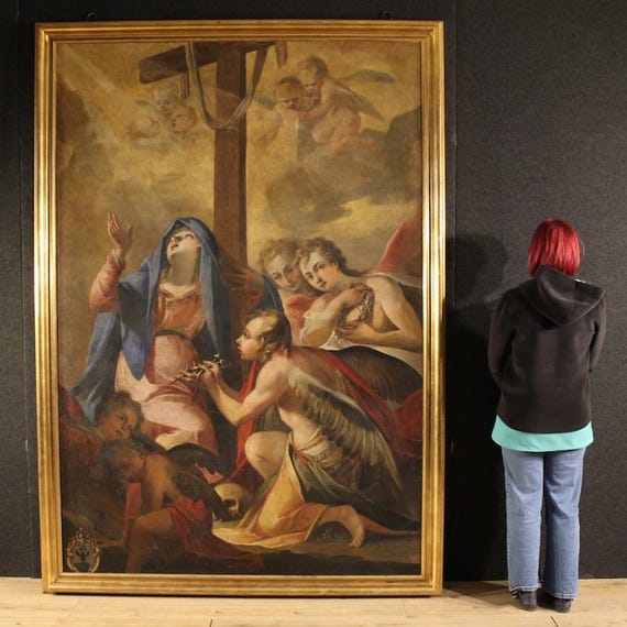 Great religious painting Italian artwork oil on canvas Madonna angles 17th cent