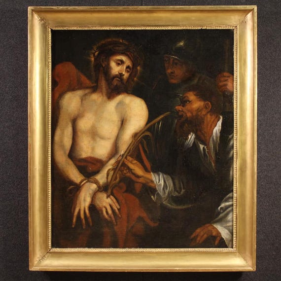 Antique religious artwork Christ mocked Flemish painting oil canvas 17th cent