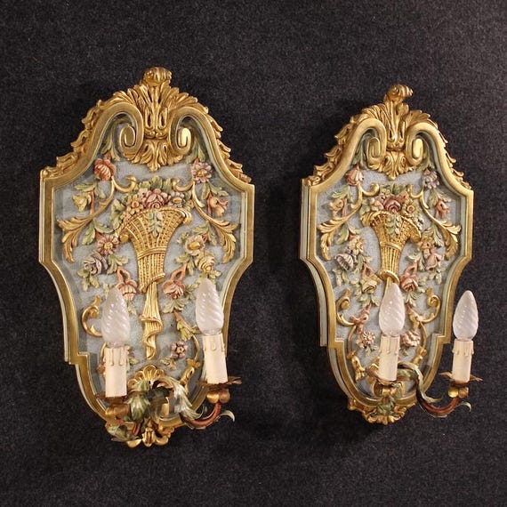 Pair of Italian wall lamps furniture chandeliers gold lacquered Louis XVI style