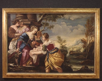 Moses saved from the waters antique painting oil on canvas art 18th century