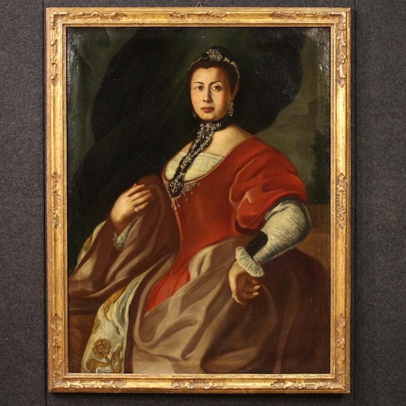 Lady portrait antique painting oil on canvas noblewoman artwork 18th century