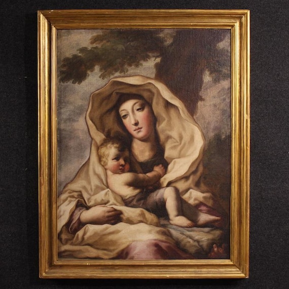 Antique Madonna with Child religious art Italian painting oil canvas 17th cent