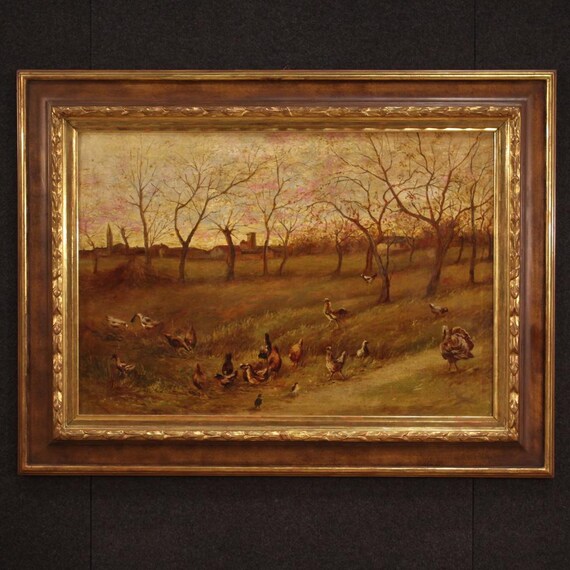 Painting bucolic landscape framework oil on canvas with frame 900 20th century