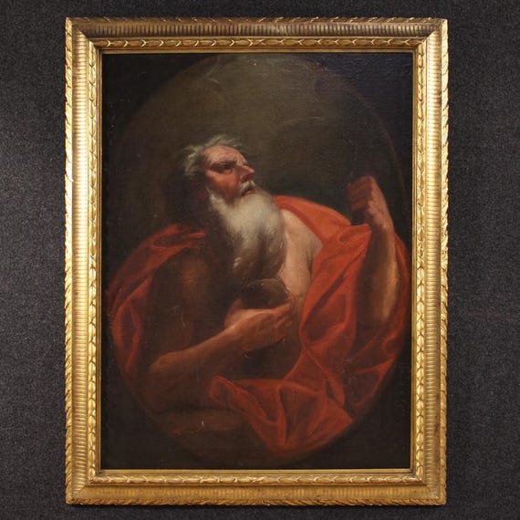 Antique Italian painting religious artwork oil on canvas Saint Jerome 17th cent