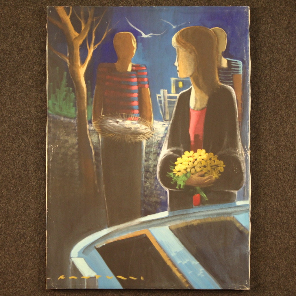 Tableau Italien Signé - Peinture à L'Huile Personnages - Années 60 - Expressionnisme