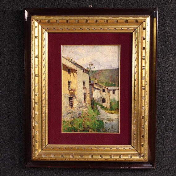 Italian painting signed G. Sacheri artwork oil on board landscape houses view