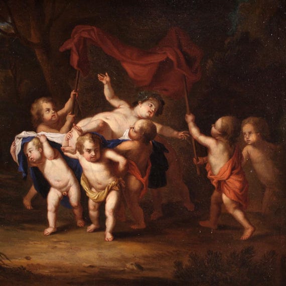 Bacchus bacchanal cherubs game antique Flemish painting oil 18th century
