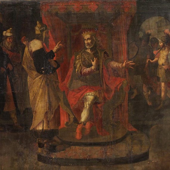 Antique Italian painting biblical scene artwork oil on canvas 17th century art