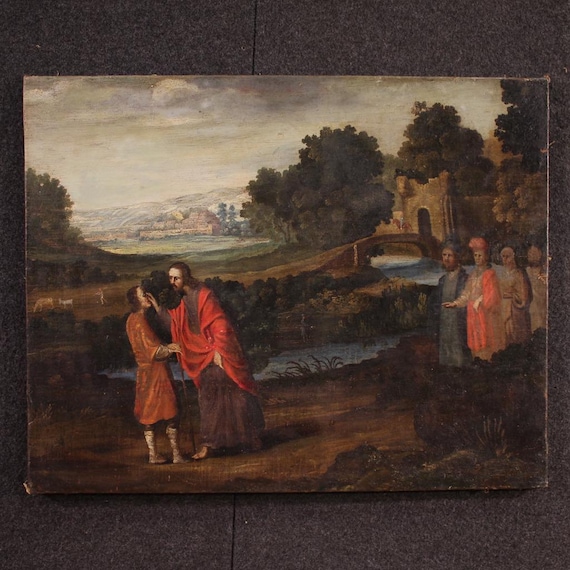 Antique painting Spanish religious artwork canvas healing of the blind man 600