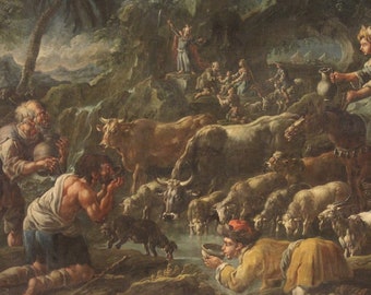 Ancien tableau paysage Moïse oeuvre religieuse huile sur toile 18ème siècle