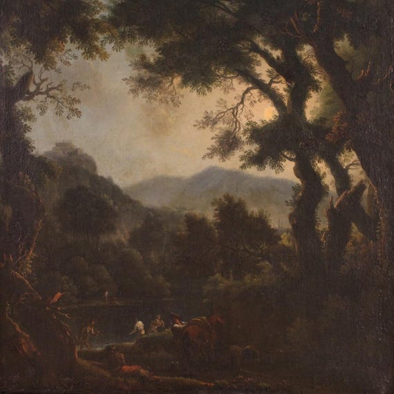 Landscape painting oil on canvas genre scene with figures sunset 18th century