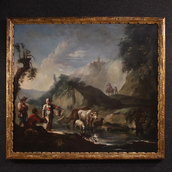 Antique Italian painting oil on canvas artwork landscape genre scene 18th cent