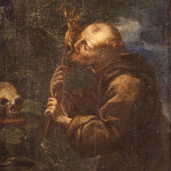 Antique religious painting Spanish artwork oil canvas Saint Francis 17th cent