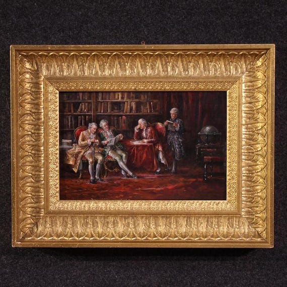 Italian painting oil on panel interior scene signed and dated artwork 20th cent