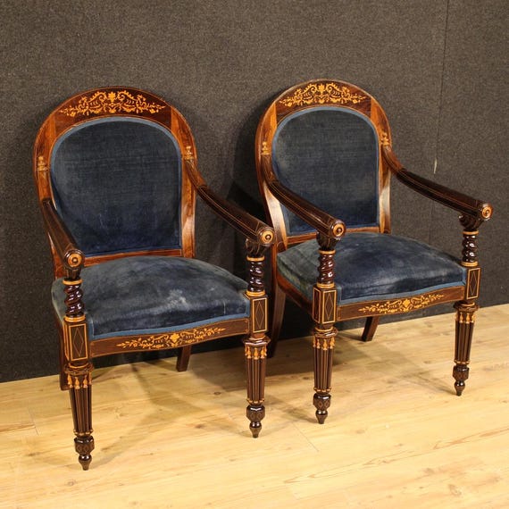 Pair of antique armchairs French chairs Charles X wood blue fabric 19th cent