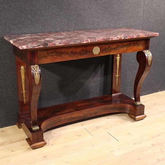 Antique console Italian table mahogany wood marble top Empire style 19th cent