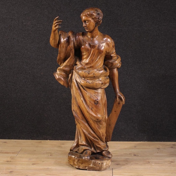 17th Century Italian Pine Wood Saint Catherine Sculpture, Carved Religious Statue