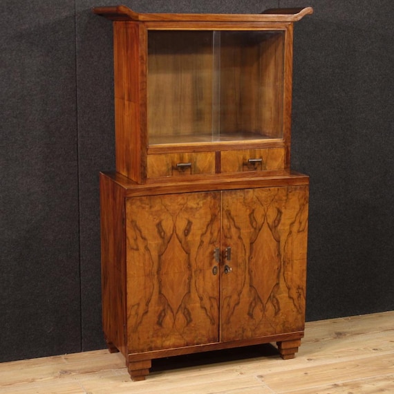 Italian vitrine art deco style display cabinet bookcase in wood 20th century