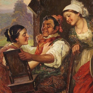 Schilderij antiek kader olieverf op doek Italiaans gesigneerd interieur tafereel 800