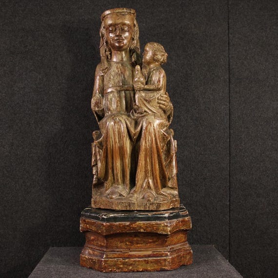 Antique sculpture in wood Madonna with Child religious statue art 15th century