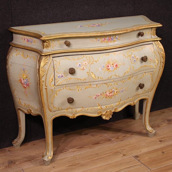 Venetian dresser lacquered painted 3 drawers furniture commode 20th century