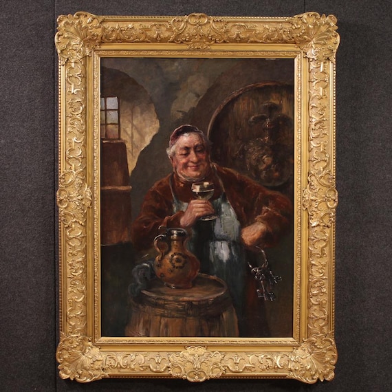 Painting signed C. Huber oil artwork friar wine cellar genre art 19th century