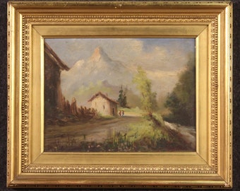 Landscape signed painting oil artwork bucolic mountain 20th century 900