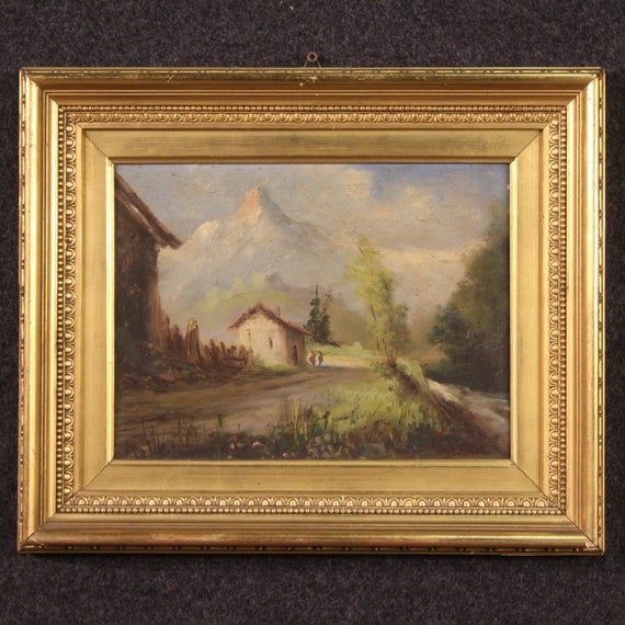 Landscape signed painting oil artwork bucolic mountain 20th century 900