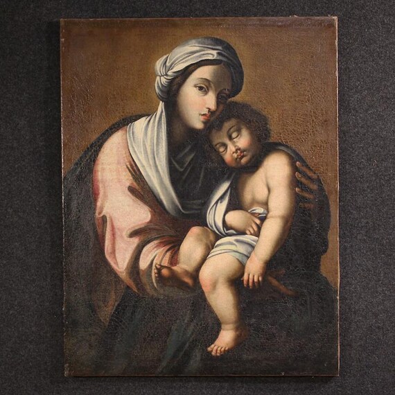Painting oil on canvas religious Italian artwork Virgin with child 18th century