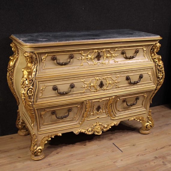 Italian chest of drawers furniture commode lacquered gold wood marble top 900
