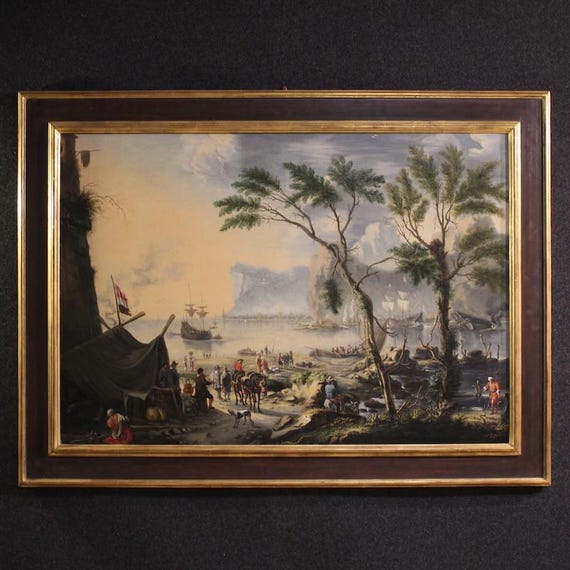 17th century Flemish painting, large landscape with sailing ships