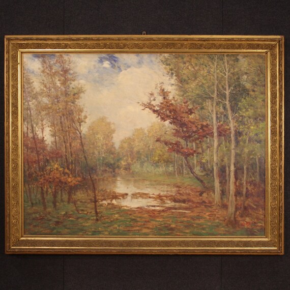 Landscape painting signed framework oil on board antique style impressionist