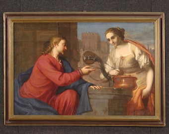 Samaritan woman at the well antique oil canvas 17th century religious painting