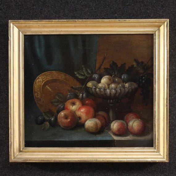 Antique Italian still life artwork painting oil on canvas frame 18th century