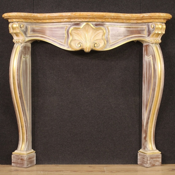 Italian Fireplace in lacquered painted golded wood faux marble 20th century