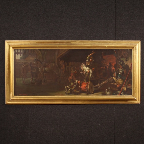 Painting signed Mattia Traverso framework oil on canvas frame popular scene 900
