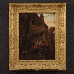 École flamande ancien tableau huile panneau peinture joueur cartes 18ème siècle