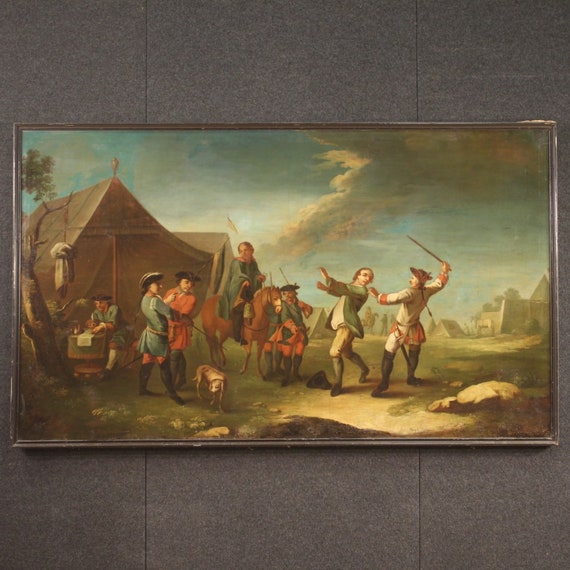 Antique napoleonic painting artwork oil on canvas soldiers 19th century 800