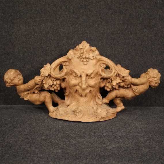 Terracotta signed Flamand centerpiece sculpture statue putti faun 20th century